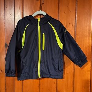 Columbia Boys Navy Blue Lime Green Zippers Accents Hooded Windbreaker Jacket 4T